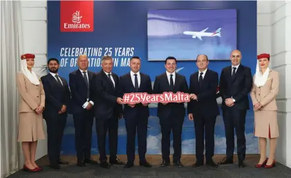  ?? ?? The guest speakers including Ministers Clayton Bartolo and Aaron Farrugia during the event marking 25 years of Emirates operations in Malta