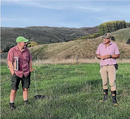  ??  ?? Nathan Burkepile (left), Hawkes Bay Regional Coordinato­r for the NZ Landcare Trust, and Robert Pattullo. Robert says environmen­tal enhancemen­t work on the family’s Hawke’s Bay farm is an ongoing project. ‘‘When we tick off the list we have, we find something else we want to work on.’’