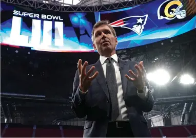  ?? ASSOCIATED PRESS ?? In this Jan. 29, 2019, file photo, NFL chief medical officer Dr. Allen Sills gestures while speaking during a health and safety tour at Mercedes-benz Stadium for the NFL Super Bowl 53 football game in Atlanta. NFL players will be tested daily for the coronaviru­s for at least the first two weeks of training camp per the league’s new testing protocols. The NFL and the players’ union reached an agreement as rookies for Houston and Kansas City were set to report to camp Monday, July 20, 2020. Rookies for other teams begin arriving today.