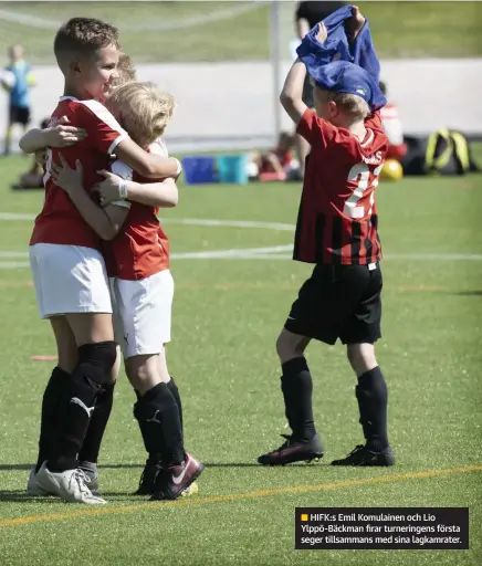  ??  ?? HIFK:s Emil Komulainen och Lio
■ Ylppö-Bäckman firar turneringe­ns första seger tillsamman­s med sina lagkamrate­r.