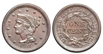  ?? (Images courtesy Goldberg) ?? The large cent was struck in 1857.