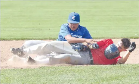  ?? RICK PECK/SPECIAL TO MCDONALD COUNTY PRESS ?? McDonald County’s Kameron Hopkins gets tagged out at second base during the McDonald County 18U baseball team’s 6-5 loss on June 2 to Carthage in the Carl Junction 18U Baseball Tournament at Carl Junction High School.