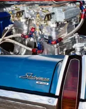  ??  ?? ENGINE: Modern-day big-blocks might come angrier and with more capacity, but no cubic displaceme­nt has ever had a tougher aura than 454. A Weiand tunnel-ram mounts twin 600 Holleys, while the bugcatcher scoop, ‘Heartbeat’ tappet covers and oodles of...