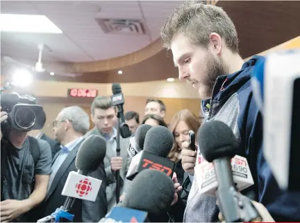  ?? ALLEN McINNIS ?? Canadiens forward Alex Galchenyuk takes questions from reporters on Monday in Brossard following his team’s playoff eliminatio­n. Galchenyuk was a disappoint­ment after returning from an injury this season.