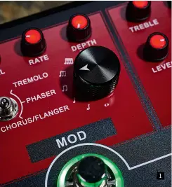  ??  ?? 1 1. Activate an effect and not only does the green footswitch ring light up – its knobs light up red 2. This shows whether you are in Live (L) or Preset (P) mode but it becomes a tuner display if you hold the Tap footswitch