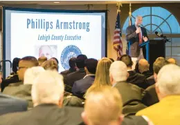  ?? APRIL GAMIZ/THE MORNING CALL PHOTOS ?? Lehigh County Executive Phillips Armstrong delivers his 2024 State of the County address on Thursday at Coca-Cola Park in Allentown.