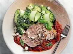  ??  ?? Italian pork with mushroom tomato sauce and courgetti