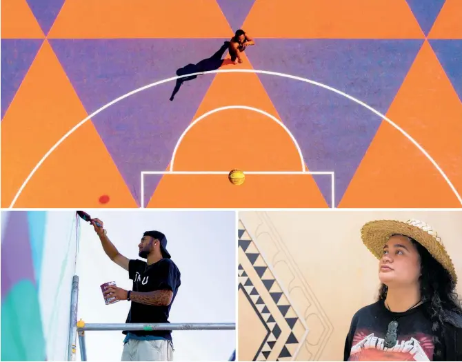  ?? PHOTOS / JONNY DAVIS, AERIAL VISION ?? Top: the redesign of the community basketball court created by students from Kaikohe Intermedia­te. Above left: Matenga Ashby, 19, works on
Te Reo On The Streets. Right: Symphony Morunga,
19, with the taniko patterns included in her design for Kaikohe’s Mobil Ngapuhi Service Station.