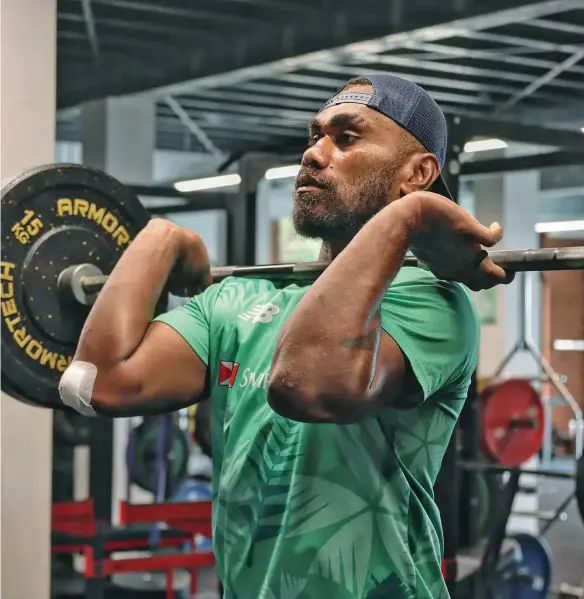  ?? Photo: Fijian Drua ?? Strong running Swire Fijian Drua winger Eroni Sau during their gym session in Perth, Australia, on May 11, 2023. Sau starts at win in tonight’s clash, as he faces Flying Fijians and Western Force winger Manasa Mataele.