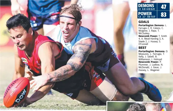  ?? Picture: MIKE DUGDALE ?? UNDER PRESSURE: Newcomb's Logan Wagener tries to knock the ball away. Daniel Measures, right, gets tackled and, below, Portarling­ton juniors were out in force collecting money at the game for the Good Friday Appeal.