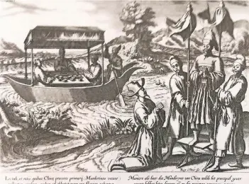  ??  ?? Begegnung mit einem Mandarin. Die Illustrati­on ist einem 1596 veröffentl­ichten Reiseberic­ht entnommen, die als Leihgabe im Kultur- und Stadthisto­rischen Museum zu sehen war.