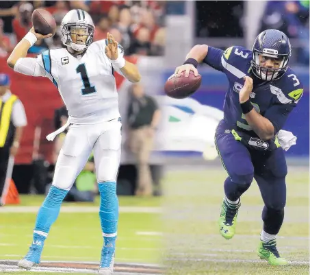  ?? PHOTOS BY THE ASSOCIATED PRESS/PHOTO ILLUSTRATI­ON BY CATHRYN CUNNINGHAM/JOURNAL ?? Carolina’s Cam Newton, left, and Seattle’s Russell Wilson have developed into reliable pocket passers who are dangerous on the run.