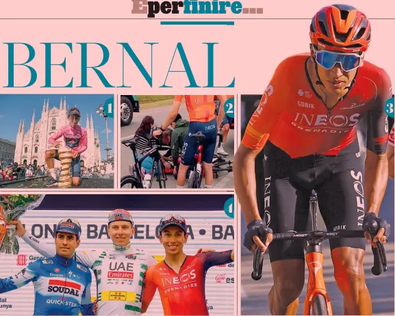  ?? ANSA-BETTINI ?? Gioie e dolori
1. Il 30 maggio 2021 Egan Bernal festeggia in Piazza del Duomo a Milano la conquista del Giro d’Italia 2. I primi soccorsi portati a Egan Bernal il 24 gennaio 2022 dopo il pauroso incidente contro un autobus in Colombia 3. Il 27enne colombiano in azione alla Volta Catalunya 4. Egan sul podio della corsa spagnola in compagnia di Tadej Pogacar e Mikel Landa