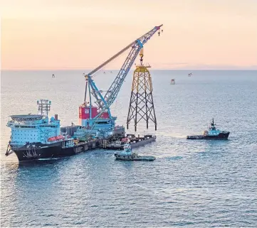  ??  ?? RENEWABLES: Turbine jacket foundation installati­on at Beatrice Offshore Wind Farm.