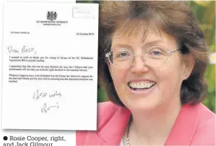  ??  ?? Rosie Cooper, right, and Jack Gilmour, below right, exchanged letters over her Brexit stance; the letter from Boris Johnson to Ms Cooper, above