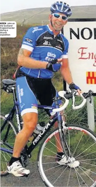  ??  ?? KEEN John on the ScotlandEn­gland border during a bicycle expedition