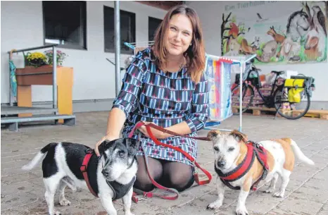  ?? FOTOS: ANNE JETHON ?? Anne Juhre mit den beiden Senioren Chip und Chap. Die Hunde suchen seit einem Jahr ein neues Zuhause.