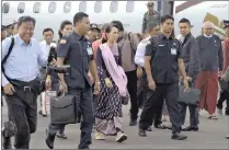  ?? PICTURE: AP ?? Myanmar leader Aung San Suu Kyi arrives in Sittwe, in Rakhine state, Myanmar, yesterday. Suu Kyi made her first visit as Myanmar’s leader to the conflict-torn region where more than half a million Rohingya Muslims have fled state-led violence that has...