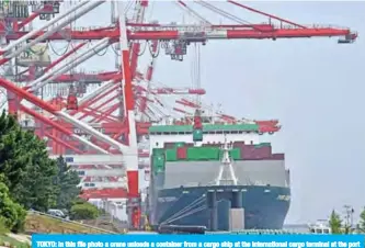  ??  ?? TOKYO: In this file photo a crane unloads a container from a cargo ship at the internatio­nal cargo terminal at the port in Tokyo. — AFP