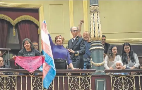  ?? // I. PERMUY ?? Partidario­s de la ‘ley trans’ como Carla Antonelli, con una bandera, o Boti García, sentada, ayer en el Congreso