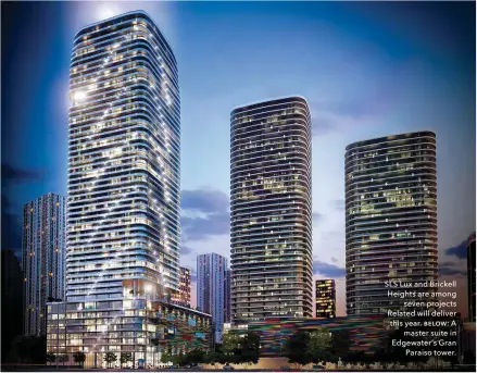  ??  ?? pip iux and Brickell eeights are among seven projects oelated will deliver this year. ƛelƨư: A master suite in bdgewaterd­s dran maraiso tower.
