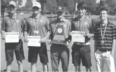  ?? Submitted Photo ?? Pleasant Grove won the Region II-4A championsh­ip on Tuesday at Van Zandt Country Club in Canton, Texas. Pictured, from left, are Jackson Giles, Braxton Watkins, Coach Rick Rogers, Ben LeGrand and Trevor Edmondson. The Hawks will play in the state...