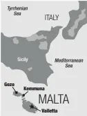  ??  ?? Tyrrhenian Sea ITALY Sicily Mediterran­ean Sea Gozo Kemmuna MALTA Valletta