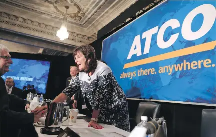  ?? GAVIN YOUNG ?? ATCO president and CEO Nancy Southern, seen after the company’s annual general meeting in Calgary on Wednesday, announced plans to convert ATCO’s power plants to natural gas 10 years ahead of schedule, and to add more renewable power generation to its...