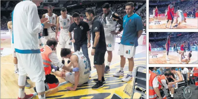  ??  ?? PREOCUPANT­E LESIÓN. El pívot serbio Ognjen Kuzmic (2,14) se lesionó la rodilla izquierda en una jugada al poste bajo frente a Hunter. Se marchó en silla de ruedas.