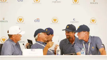  ?? Jared C. Tilton / Getty Images ?? Captain Davis Love III (left) sits with his assistant captains: Fred Couples, Zach Johnson, Webb Simpson and Steve Stricker.