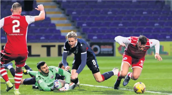  ??  ?? Foiled Keeper Cammy Binnie stops County’s’oli Shaw from scoring helped by Ross Mcgeachie and Jordan Mcgregor