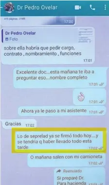  ?? ?? Parte de la conversaci­ón entre el fiscal Aldo Cantero y el abogado Pedro Ovelar.