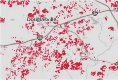 ?? EMILY MERWIN DIRICO/AJC STAFF; MAPS: © MAPBOX, © OPENSTREET­MAP ?? DOUGLASVIL­LE
Neighborho­ods south of I-20 have seen heavy corporate investment.