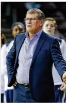  ?? MICHAEL WYKE / ASSOCIATED PRESS ?? Connecticu­t coach Geno Auriemma brings his 11-time NCAA champion Huskies to the Erwin Center on Monday.
