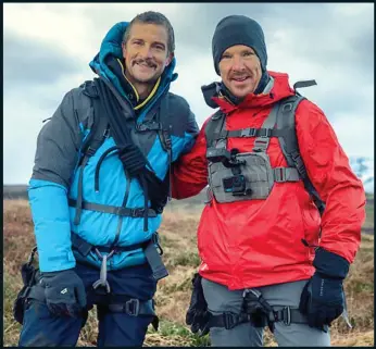  ?? ?? OVERBLOWN: Bear Grylls and Benedict Cumberbatc­h on the Isle of Skye