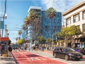  ?? Maximus Partners ?? A rendering shows the proposed mid-rise housing, with the 16th Street Mission BART Station plaza in the foreground. The project would include retail space that would spill into the heavily used BART plaza. Opponents say the developers didn’t listen to their concerns.