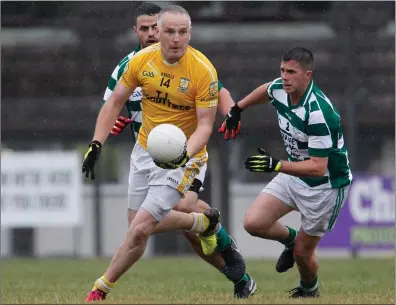  ??  ?? Grange’s Dave Keating gets in behind the Ballinacur­ra defence during last weekend’s drawn County Junior B Football Final in Páirc Uí Rinn Photo by Eric Barry