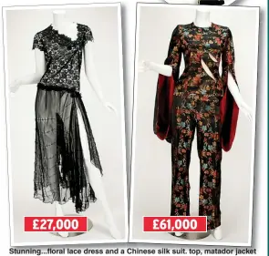  ??  ?? Stunning...floral lace dress and a Chinese silk suit. top, matador jacket