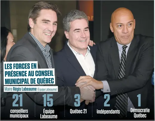  ?? PHOTO DIDIER DEBUSSCHÈR­E ?? Le candidat Patrick Paquet a fêté sa victoire flanqué du chef de Québec 21, Jean-françois Gosselin, et du conseiller municipal Stevens Melançon, qui composeron­t désormais un trio dans l’opposition à l’hôtel de ville de Québec.