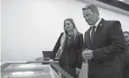  ?? ADAM CAIRNS/COLUMBUS DISPATCH ?? Johnstown-monroe High School junior Yuli Staneart shows off a laser engraving machine to Lt. Gov. Jon Husted at the Innovation Center’s opening. Husted said the region is becoming the Silicon Heartland.