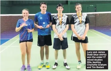  ??  ?? Lucy and James Dodd (blue shirts) won the under-17 mixed doubles title, beating Charlotte Graham and Tim Bodani