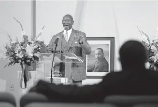  ??  ?? Sen. George Young, D-Oklahoma City, a retired Baptist minister, preaches Sunday at St. John Missionary Baptist Church in advance of Martin Luther King Jr. Day. [DOUG HOKE PHOTOS / THE OKLAHOMAN]