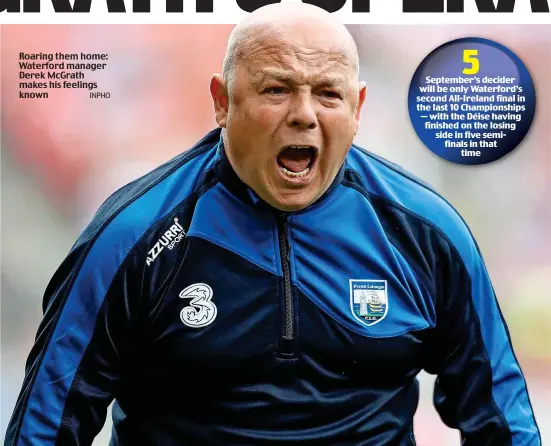  ?? INPHO ?? Roaring them home: Waterford manager Derek McGrath makes his feelings known