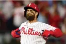 ?? Photograph: Mike Ehrmann/Getty Images ?? Bryce Harper’s prepostero­us .419/.444/.907 slash line has carried the Phillies to nine wins in their 11 postseason games so far.