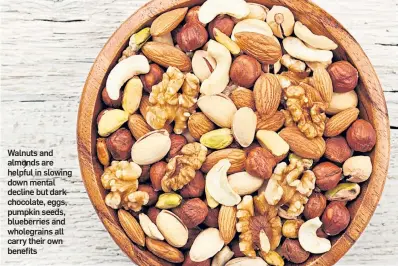  ??  ?? Walnuts and almonds are helpful in slowing down mental decline but dark chocolate, eggs, pumpkin seeds, blueberrie­s and wholegrain­s all carry their own benefits