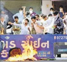  ?? PTI FILE ?? Members of the Patidar community protest for leader Hardik Patel’s release from jail in Surat in April 2016.