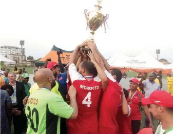  ??  ?? Morocco’s blind football team jubilating in Enugu after beating Mali 5-1 to win the sole ticket to represent Africa in next year’s Paralympic Games in Tokyo, Japan… yesterday.
