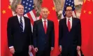  ??  ?? China’s Liu He, centre, with Robert Lighthizer, left, and Steven Mnuchin of the US in Beijing. Photograph: Nicolas Asfouri/AFP/ Getty Images