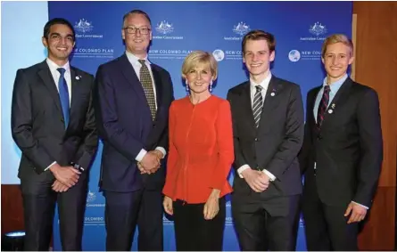  ?? Photo: DFAT/Irene Dowdy ?? LEADER: At last year’s New Colombo Plan Scholars ceremony are (from left) Nash Mesquita-Mendes, Andrew Parker (PwC), Minister for Foreign Affairs Julie Bishop MP, James Dunn (University of NSW) and Julian Vidal (University of Sydney).