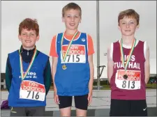  ??  ?? Javelin medallists Darragh Cunnane (3rd Tralee Harriers),Cathal Murphy (1st Tralee Harriers) and Ethen Trilschler (3rd Listowel)